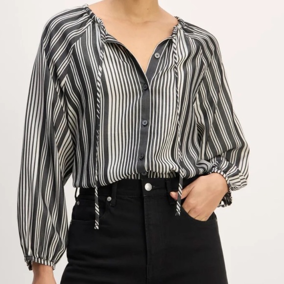 Everlane Tops - Everlane striped blouse shirt cream bone black button front tie tencel small